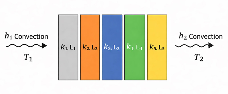 Multi Layer Total Heat Transfer Coefficient Calculator for Convection and Conduction Multi Layer Total Heat Transfer Coefficient Calculator for Convection and Conduction